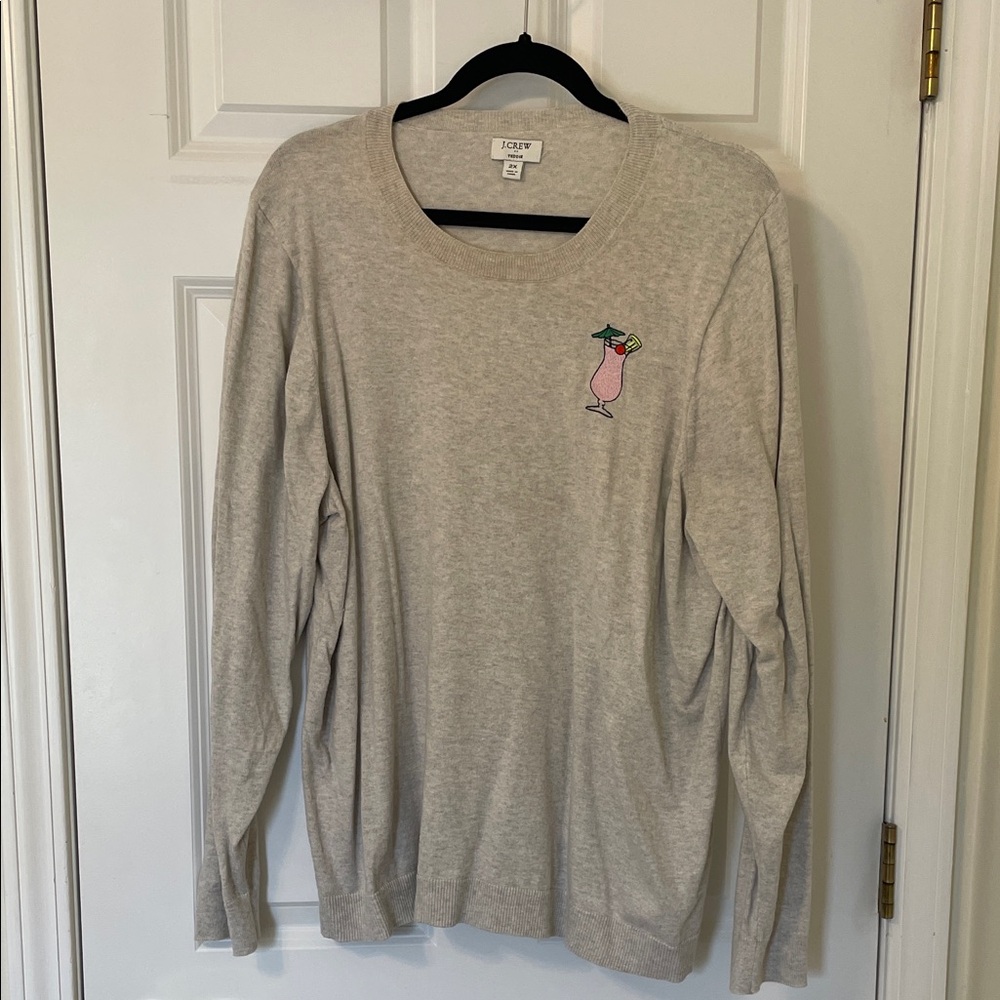 J. Crew Light Cream Teddie Sweater with Pink Cocktail Embroidery 2X